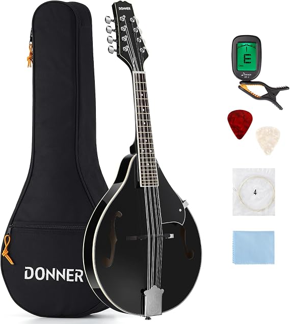 Donner Mandolin Instrument Black Mandolin Instrument Set for Beginner Adult Mahogany A Style with Tuner, String, Gig Bag, Guitar Picks (DML-100B)