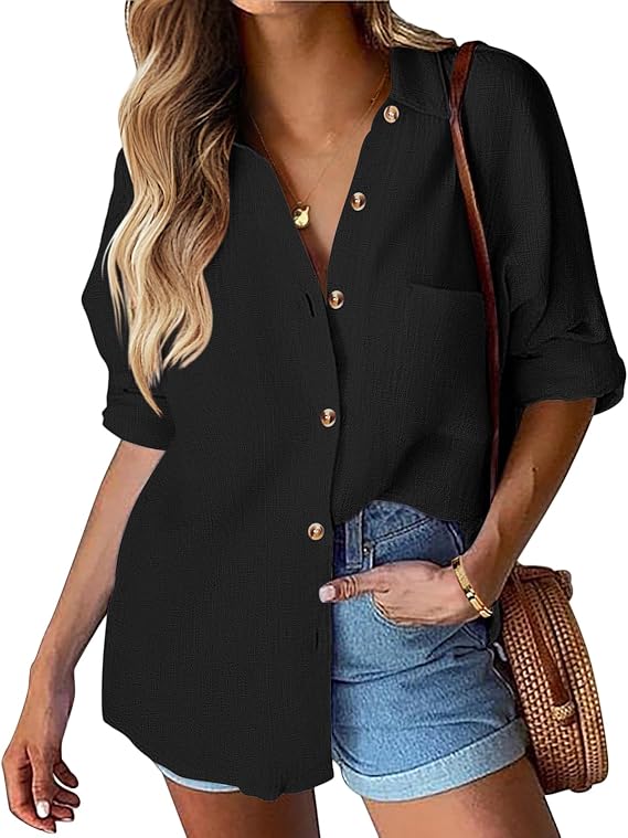 Womens Linen Button Down Shirts Oversized Collared Long Sleeve Blouses Trendy Work Tops with Pocket
