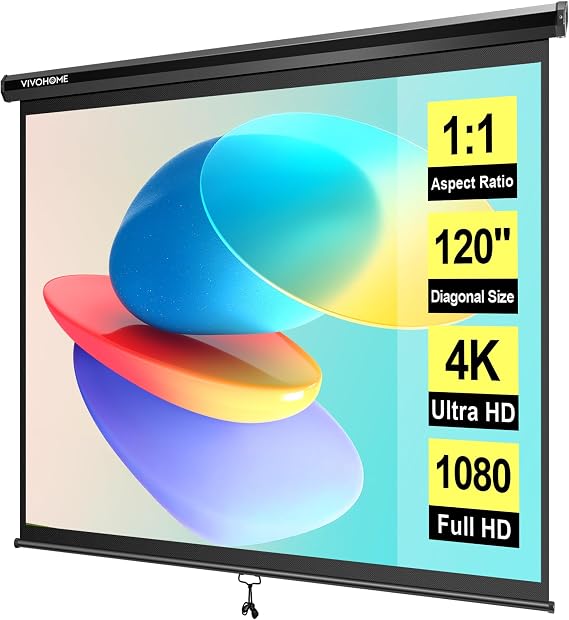 VIVOHOME 120 Inch 1:1 Pull Down Projector Screen, Black