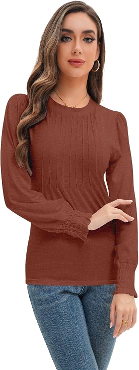 Long Sleeve Shirts Womens Pleated Business Casual Blouses with Smocked Cuffs