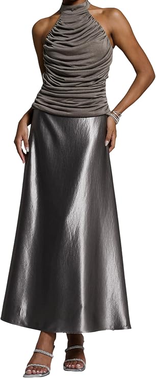 BELLA BARNETT Halter Ruched Two Piece Set for Women Satin Flare Midi Skirt Formal Cocktail Wedding Guest Party Outfit