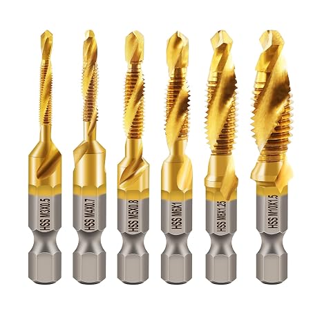 Combination Drill and Tap Bit Set,Titanium Coated Tapping Bit Tool 6pcs Metric Screw tap Drill bit for Drilling Tapping, Countersinking on Electric Drill or Tapping Machine