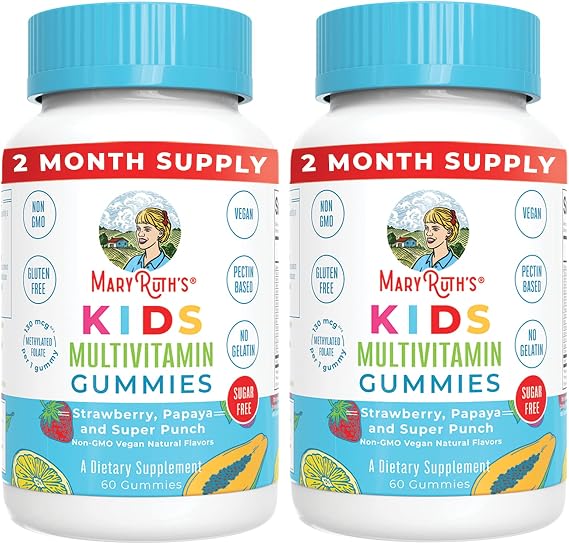 MARYRUTH'S Organics Kids Multivitamin Gummies | 2 Month Supply | Sugar Free | Kids & Toddlers Ages 2+ | Essential Vitamins C, D3, Zinc | 60 Count | 2 Pack