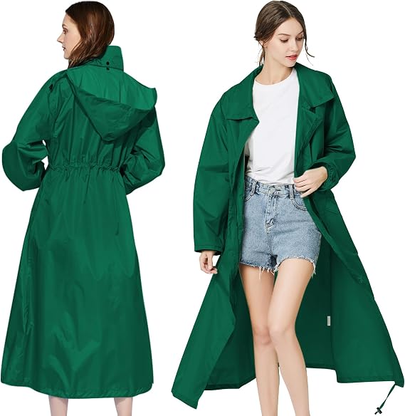LAMA Womens Long Raincoats Rain Jacket Waterproof Packable Hooded Windbreaker Lightweight Adjustable Waist for Outdoor