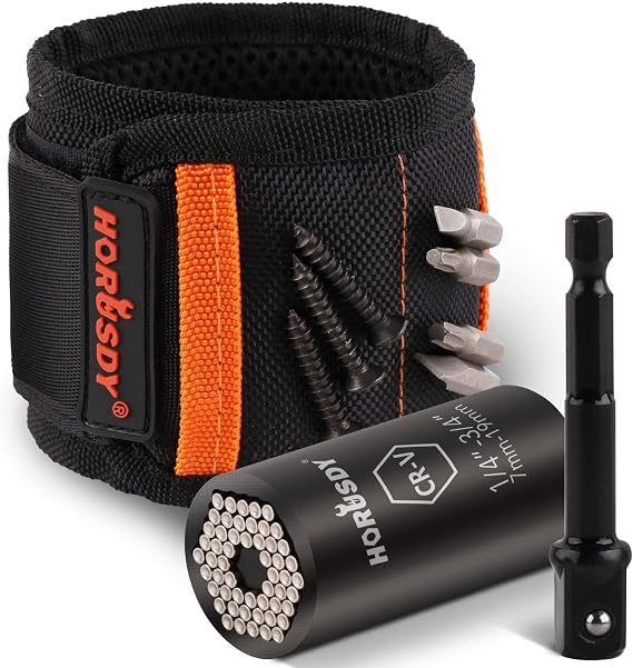 HORUSDY Magnetic Wristband & Universal Socket Grip (719mm), Stocking Stuffers Gifts for Men with Strong Magnets for Holding Screws, Nails, Drilling Bits, DIY, Christmas Tool Gift for Men