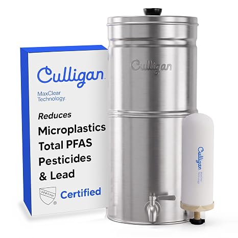Culligan MaxClear Gravity Water Filter System - Microplastics, Lead & PFAS | IAPMO Certified | Nesting & Portable | 3 Gallon | 1 Ceramic + Carbon Filter Included | Premium Polished Stainless Steel