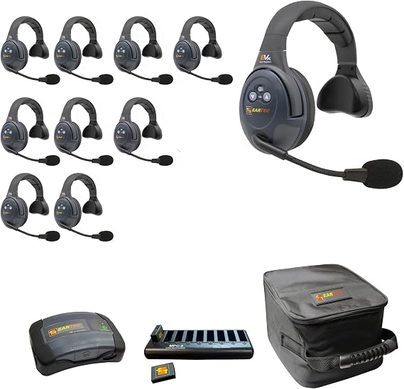 EARTEC Evade EVX10S-CM Full Duplex Dual Channel Wireless Intercom System with 10 Single Speaker Headsets