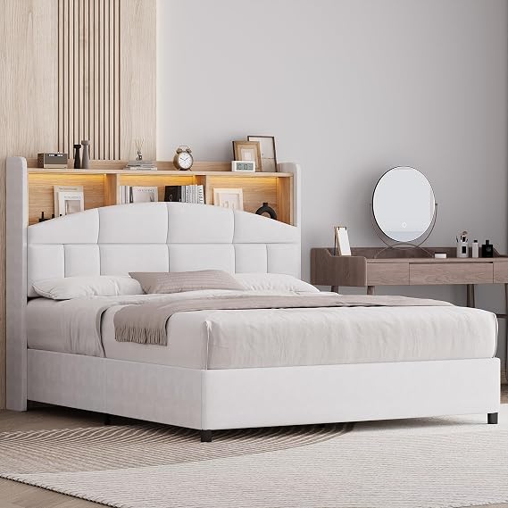 REVOMINCA Full Size Bed Frame with Storage Headboard and LED Lights, Beige