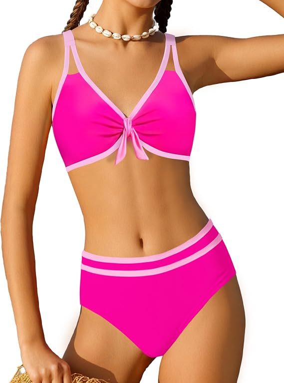 Girls Swimsuit Two Piece Cute Bunny Knot Bikini Set Color Block Welt Twist Cross Girls Bathing Suit 9-16 Years