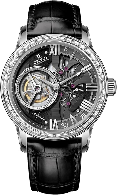 OBLVLO Skeleton Automatic Wristwatch with Leather Strap, Blue Dial, Diamonds Bezel