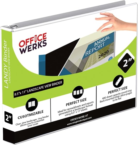 8.5" X 11" Landscape View Binder, 3-Ring 2 Inch Capacity Round Ring, White Horizontal Formatted with Clear Cover Pockets for Documents, Spreadsheets, Projects and More