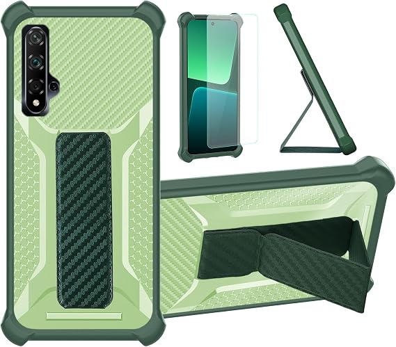 bojioderf Case Compatible for Huawei NOVA 5T Phone Case Cover [with Tempered Glass Screen Protector] Hybrid Case [Folding Support Magnetic] [Frosted Anti-Fingerprint] Green