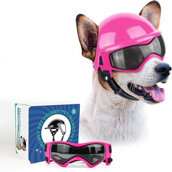 Small Dog Goggles with Helmet, 2PCS Pet Sunglasses and Dog Motorcycle Helmet with Ear Holes, Small Medium Breed Outdoor Driving Walking Biking Protection, All Pink