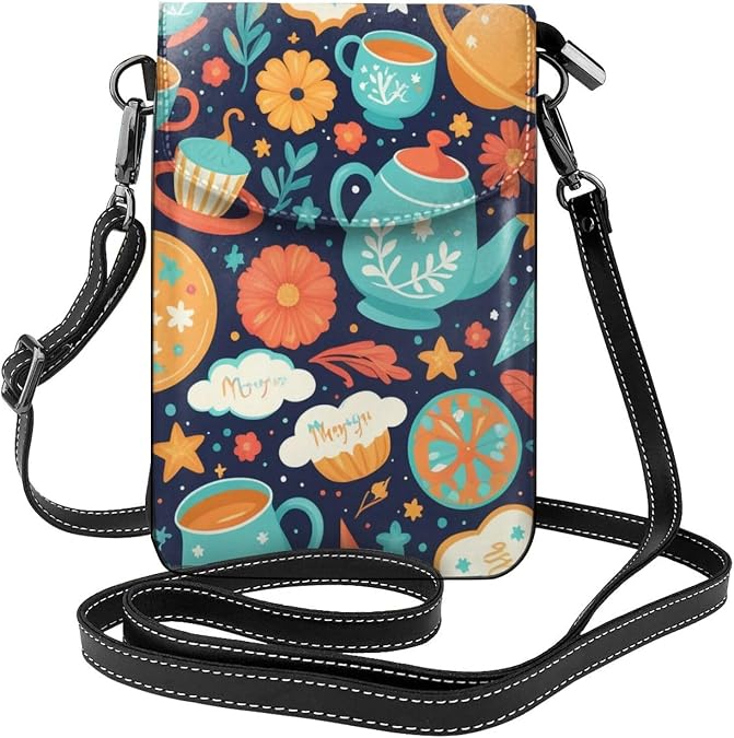 Small Crossbody Bags for Women,Leather Shoulder Bag for Cell Phone Purse with Strap and Magical Pattern Printed, Black