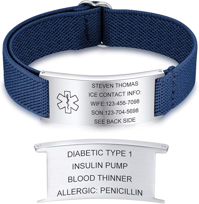 Personalized Medical Alert Bracelets for Women & Men-Elastic Strap Adjustable Medical ID Bracelet, Stainless Steel Free Engraved Medic Info Emergency Bracelet for Seizure Diabetic Allergy Autism