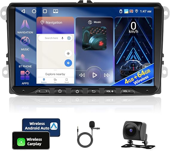 4GB + 64GB Car Radio for VW Passat B6 T5 Golf 5 6 Polo 6R Tiguan T5 Jetta Seat Skoda with Wireless Carplay Android Car GPS Bluetooth WiFi FM/RDS SWC Canbus EQ + AHD Reversing Camera