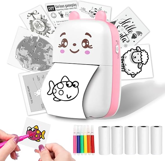 Mini Thermal Printer, Inkless Printer with 5 Rolls Pape, Bluetooth Smart Pocket Compatible with iOS & Android, Portable Thermal Printer for PicturesRetro-Style Photos(Pink)