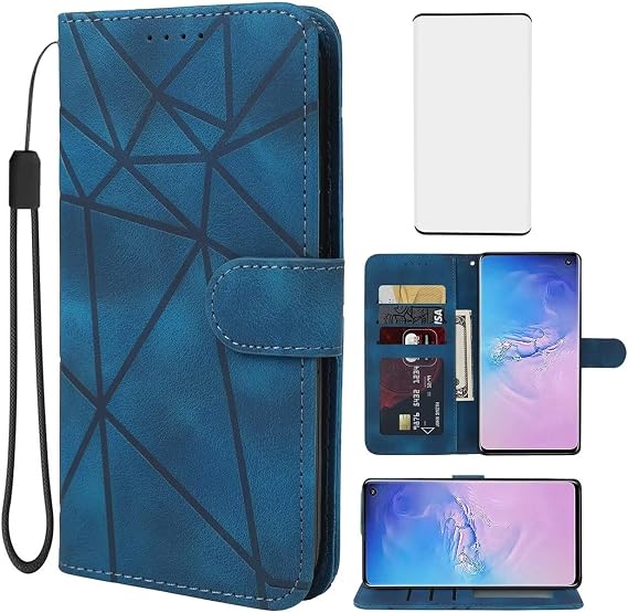 Case for Galaxy S10 Case, Samsung S10 SM-G973U Wallet Case with Tempered Glass Screen Protector, Skin Feel PU Leather Flip Credit Card Holder Stand Phone Cover for Samsung Galaxy S10 Blue