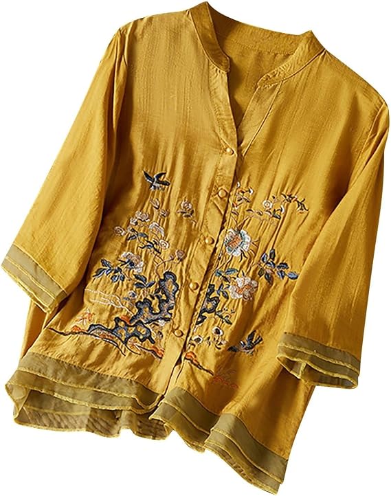 3/4 Sleeve Cotton Linen Shirts for Women 2025 Summer Retro Embroidered Boho Tops Dressy Casual Trendy Vacation Blouse