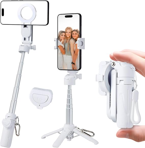 Magnetic Tripod for Phone,2 in 1 for Magsafe Stand& Clip Portable Pocket Size Selfie Stick for Android/iPhone,Phone Holder with Wireless Rechargeable Remote Control for Photography, Live Streaming