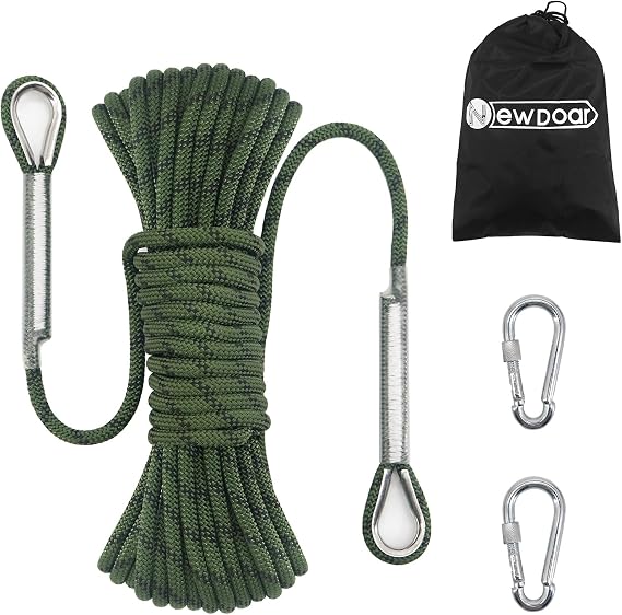 NewDoar 14KN Static Climbing Rope 8mm Accessory Cord Equipment 33FT(10M) 66FT(20M) 98FT(30M) 165FT(50M) Escape Rope with 2 Carabiners for Ice Climbing Fire Rescue Rope Safety Rope