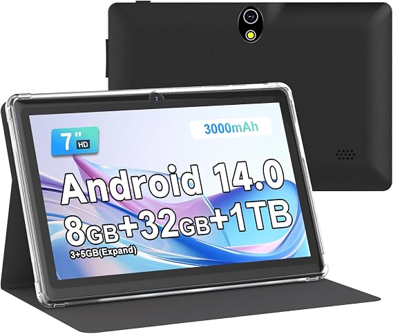 DIGITHINK 7 Inch Android 14 Tablet, 8GB RAM(3+5GB Expand) + 32GB ROM, HD Touchscreen, Dual 2MP Cameras, 3000mAh Battery, Tablet with Case for Adults (Black)