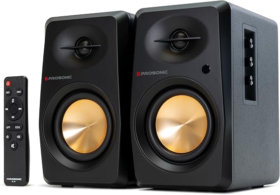 Prosonic BT30 Powered Bluetooth Bookshelf Speakers - 80W Active Studio Monitors for Home Theater, PC, Turntable & TV - Optical, Coaxial, Dual RCA Inputs - DSP & DRC (Black)