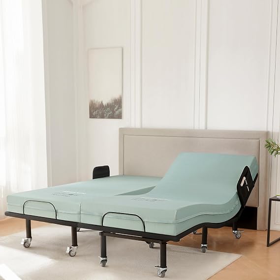 Split King Adjustable Bed Frame with Side Rails for Elderly Adults - with Mattress - 6" Convoluted Mattress, Wireless Remote, Under-Bed Light, USB Ports, Brake Wheel Legs Zero Gravity Electric Bed
