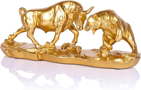 Wall Street Bull Statue, Bull and Bear Market Sculpture, Stock Market Decor for Office, Desktop, Bookshelf, Living Room, Study, Home, Financial Advisor Gift (Gold)
