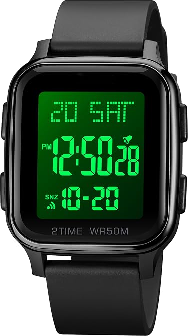 findtime LED Digital Watch Mens Womens Black Rectangle Square Face Big Numbers Dial Unisex Watches Sports Waterproof Dual Time Stopwatch Fashion Simple Wristwatch