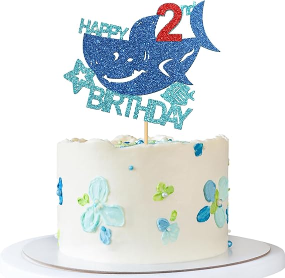 Shark Happy 2nd Brithday Cake Topper - Under the Sea Boy Kid Two Birthday Cake Supplies/Ocean World 2nd Shark Birthday Party Decoration - Blue Glitter (2nd)