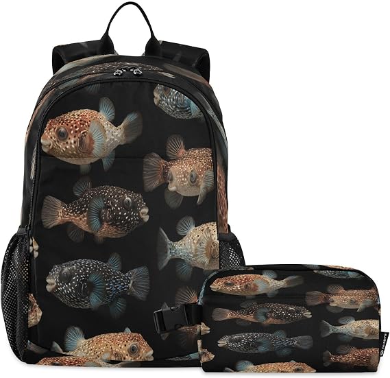 Kids Backpack with Lunch Bag Puffer Real Fish Black Boys Girls Backpacks Set