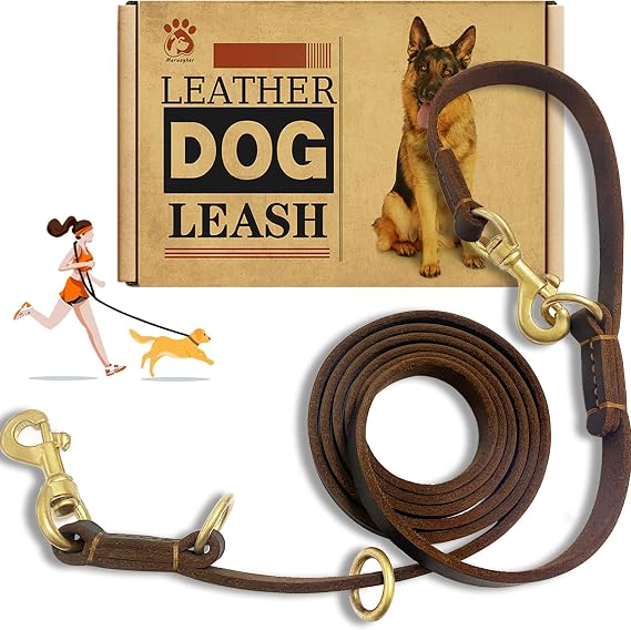 Hands Free Leather Dog Leash 8ft,Durable Genuine Leather Multi Function Dog Leashes,Strong Leash for Small Medium Large Breed Dogs