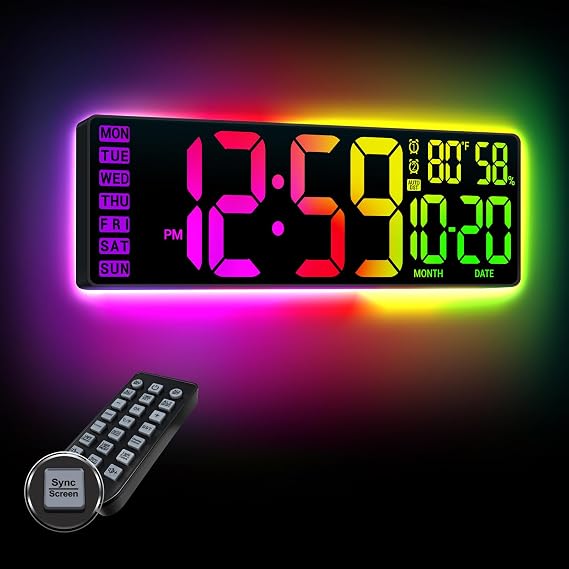 16.5" Large Digital Wall Clock with RGB LED Display & Backlight, Remote