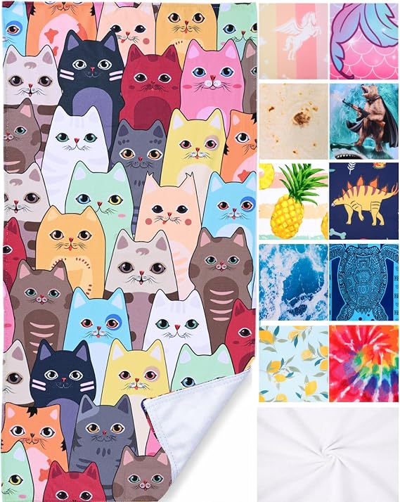 LIVILAN Large Kitten Cat Beach Towel, 30" X 60" Soft Microfiber, Absorbent, Quick Dry, Sand Free, Light, Multiuse for Bath, Pool, Swim, Cute Cat Gifts