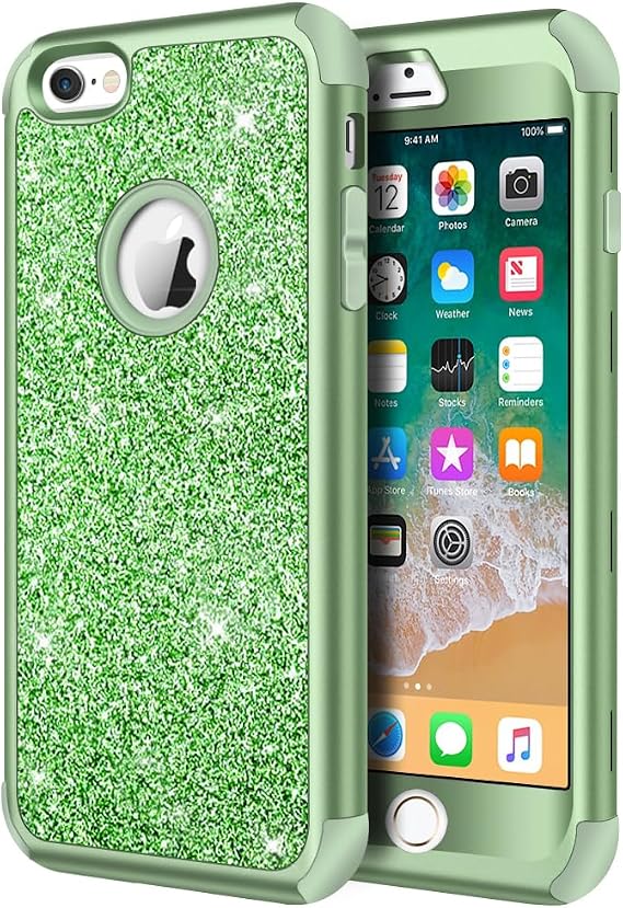 Hython Compatible with iPhone 6/6s Case, Heavy Duty Full-Body Defender Protective Case Bling Glitter Sparkle Hard Shell Hybrid Shockproof Rubber Bumper Cover for iPhone 6 and 6s 4.7-Inch, Light Green