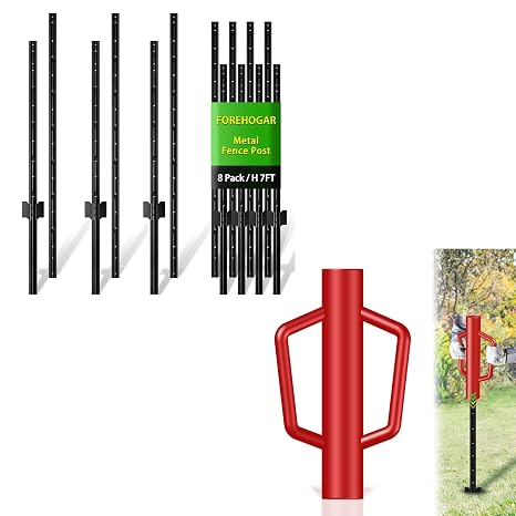 Metal Fence Post 7 Feet Black, Pack of 8 Bundle Post Driver Red 12LB