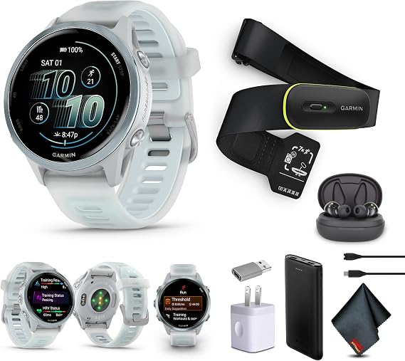 Garmin Forerunner 570 Running Smartwatch, 42MM WiFi, GPS Fitness Watch for Men and Women, Cloud Blue Aluminum with Translucent Whitestone/Cloud Blue Band + Access 600 Fitness Monitor XS-S + More