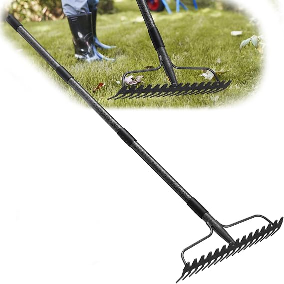 77 inch Bow Rake, 2-in-1 Metal Garden Lawn Rake for Weeding Digger Loosening Soil Raking Leaf Leveling Rocks Spreading Mulch Gravel 17 Tines Adjustable Garden RakeBow Rake