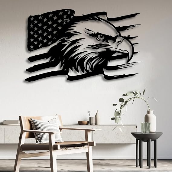 Lunwall American Eagle Metal Wall Art, US Flag Wall Decor, Large Metal Eagle Sign, Fourth of July Independence Day, Patriotic Gift (35x22inches / 90x56cm, Style 2)