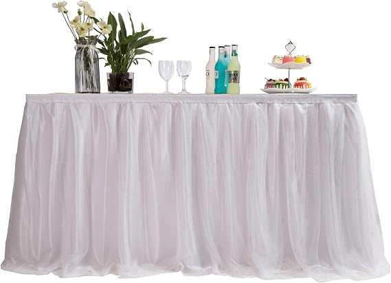 14FT(168 * 31 in) White Tulle Tutu Table Skirt, Wedding Bridesmaid, Baby Party Skirt, Rectangle Or Round Decorative Table Decoration, Fashion Deluxe Romantic Birthday Party Shower(Wave)