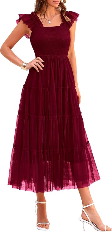 PRETTYGARDEN Women's Summer Smocked Midi Tulle Dress | Sleeveless Square Neck A Line, Flowy Tiered Mesh, Spring Semi Formal Wedding Guest Outfits, Homecoming Prom Party Dresses