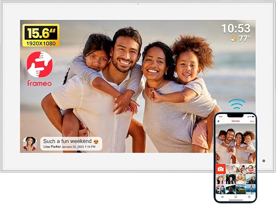15.6“ FRAMEO Digital Photo Frame WiFi Digital Picture Frame with 32GB Storage 1920x1080FHD IPS Touch Screen Share photos & videos remotely via the Frameo app,Wall Mountable for Family