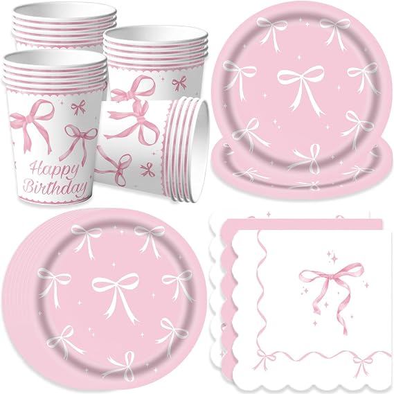 Bikasun Pink Bow Party Tableware Set, Princess Children's Birthday Tableware, Cups, Napkins, Paper Plates for Girls Women Party Supplies,