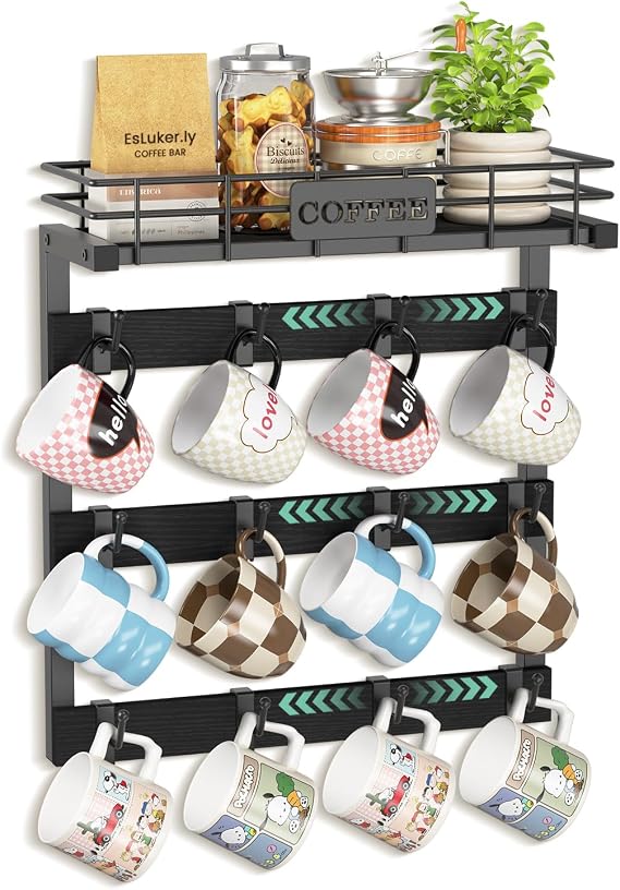 EsLuker.ly Coffee Mug Holder Wall Mounted Display Rack, Metal Cup Hanger Organizer with 12 Movable Plastic Hooks, Wood Rustic Shelf for Coffee Bar Home Kitchen, Black+Black