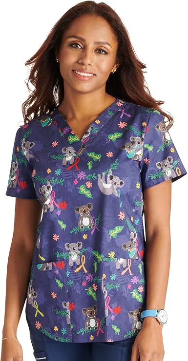 Cherokee Prints Women Scrubs Top V-Neck Print CK652 | Two Patch Pockets, Pencil Stitch, Side Vents, 26-Inch Back Length, Storage And Mobility For Healthcare Work
