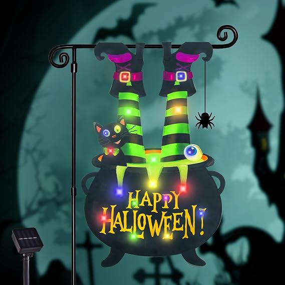 Halloween Lighted Garden Flag, Witch Feet Yard Decor, 12x18 In | Solar Powered, 8 Modes, Double Sided, Witch Legs, Cauldron Decor, Halloween Outdoor Decorations, Porch Yard Lawn Decor