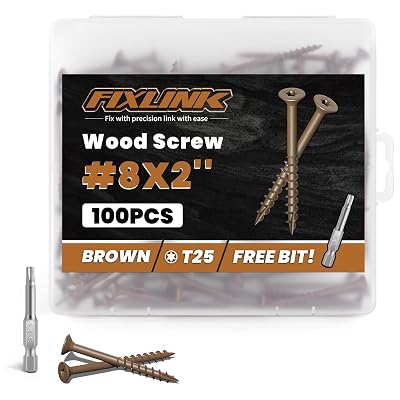 Wood Screws 2 Inch, FIXLINK Deck Screws #8 x 2, 100 PCS, Epoxy Coated, T25 Star Bit Above 1500 Hour Salt Spray Coating Outdoor Decking Screws Excellent Rust Resistant for Wood Fence, Brown