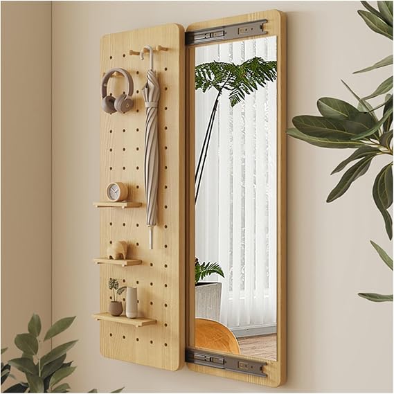Hide Wall Mounted Mirror Concealed 2-in-1 Mirror and Storage, with Slide Rail and Coat Rack, for Bedroom, Bathroom, and Entryway(Brown,19.7in/50cmx55.1in/140cm)