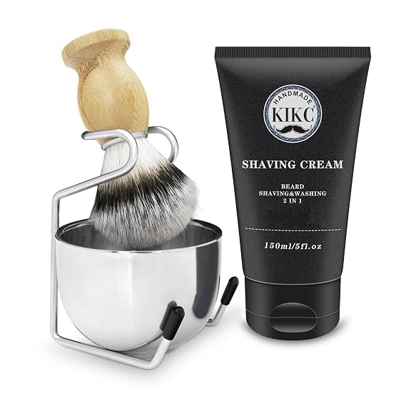 Kikc 5 in 1 Shaving Kit, Shaving Brush Kit for Men,Set Include Synthetic Shave Brush, Stainless Lathering Bowl, Shave Brush Stand, Shaving Cream, Shave Manual, Best Gift for Bearded Man,Silvery Set